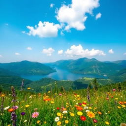 A beautiful landscape view featuring a serene lake surrounded by lush green mountains under a clear blue sky