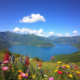 A beautiful landscape view featuring a serene lake surrounded by lush green mountains under a clear blue sky