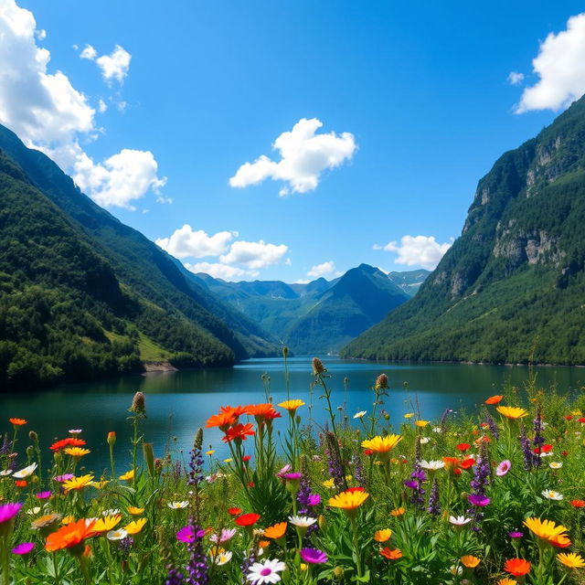 A beautiful landscape view featuring a serene lake surrounded by lush green mountains under a clear blue sky