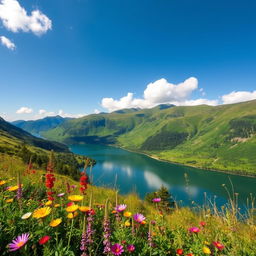 A beautiful landscape view featuring a serene lake surrounded by lush green mountains under a clear blue sky