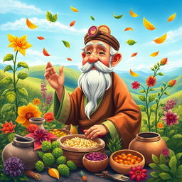 A vibrant and colorful animated style painting depicting traditional medicine practices