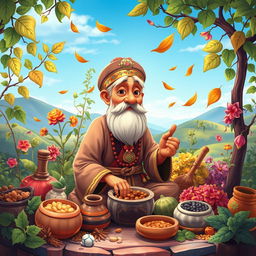 A vibrant and colorful animated style painting depicting traditional medicine practices