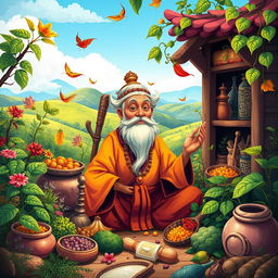 A vibrant and colorful animated style painting depicting traditional medicine practices