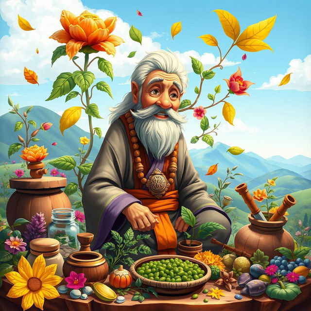 A vibrant and colorful animated style painting depicting traditional medicine practices