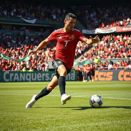 A dynamic action shot of Cristiano Ronaldo, performing an impressive soccer dribble on a lush green field