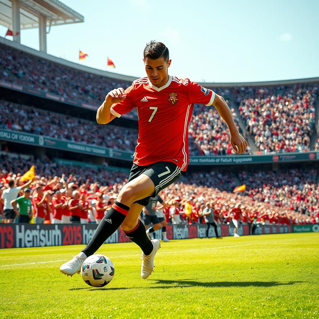 A dynamic action shot of Cristiano Ronaldo, performing an impressive soccer dribble on a lush green field