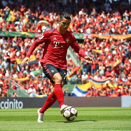 A dynamic action shot of Cristiano Ronaldo, performing an impressive soccer dribble on a lush green field