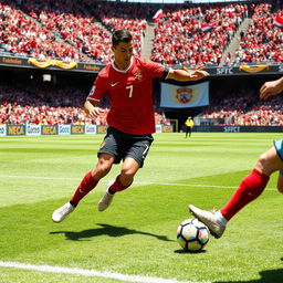 A dynamic action shot of Cristiano Ronaldo, performing an impressive soccer dribble on a lush green field