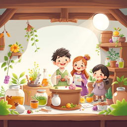 A whimsical, colorful illustration inspired by traditional medicine, showcasing playful animated characters interacting with herbal remedies