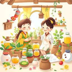 A whimsical, colorful illustration inspired by traditional medicine, showcasing playful animated characters interacting with herbal remedies