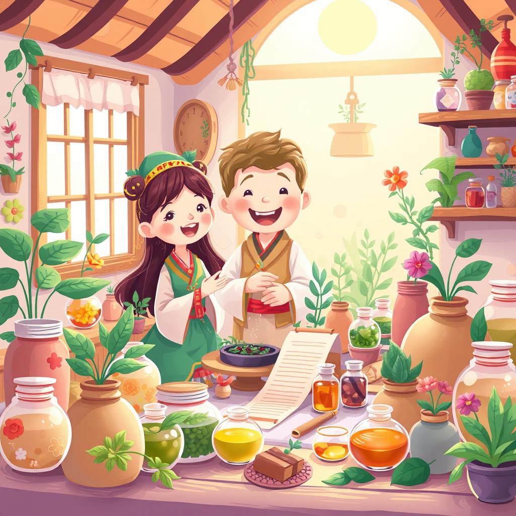 A whimsical, colorful illustration inspired by traditional medicine, showcasing playful animated characters interacting with herbal remedies