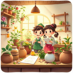 A whimsical, colorful illustration inspired by traditional medicine, showcasing playful animated characters interacting with herbal remedies