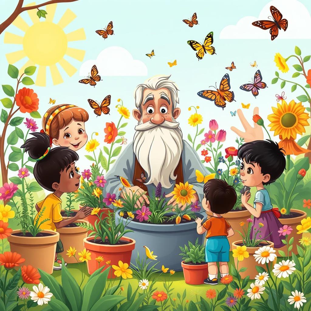 A vibrant, whimsical illustration depicting a traditional herbal medicine scene in a kid-friendly, cartoonish style