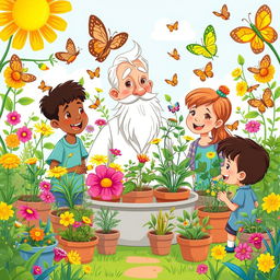 A vibrant, whimsical illustration depicting a traditional herbal medicine scene in a kid-friendly, cartoonish style