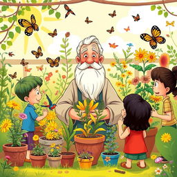 A vibrant, whimsical illustration depicting a traditional herbal medicine scene in a kid-friendly, cartoonish style
