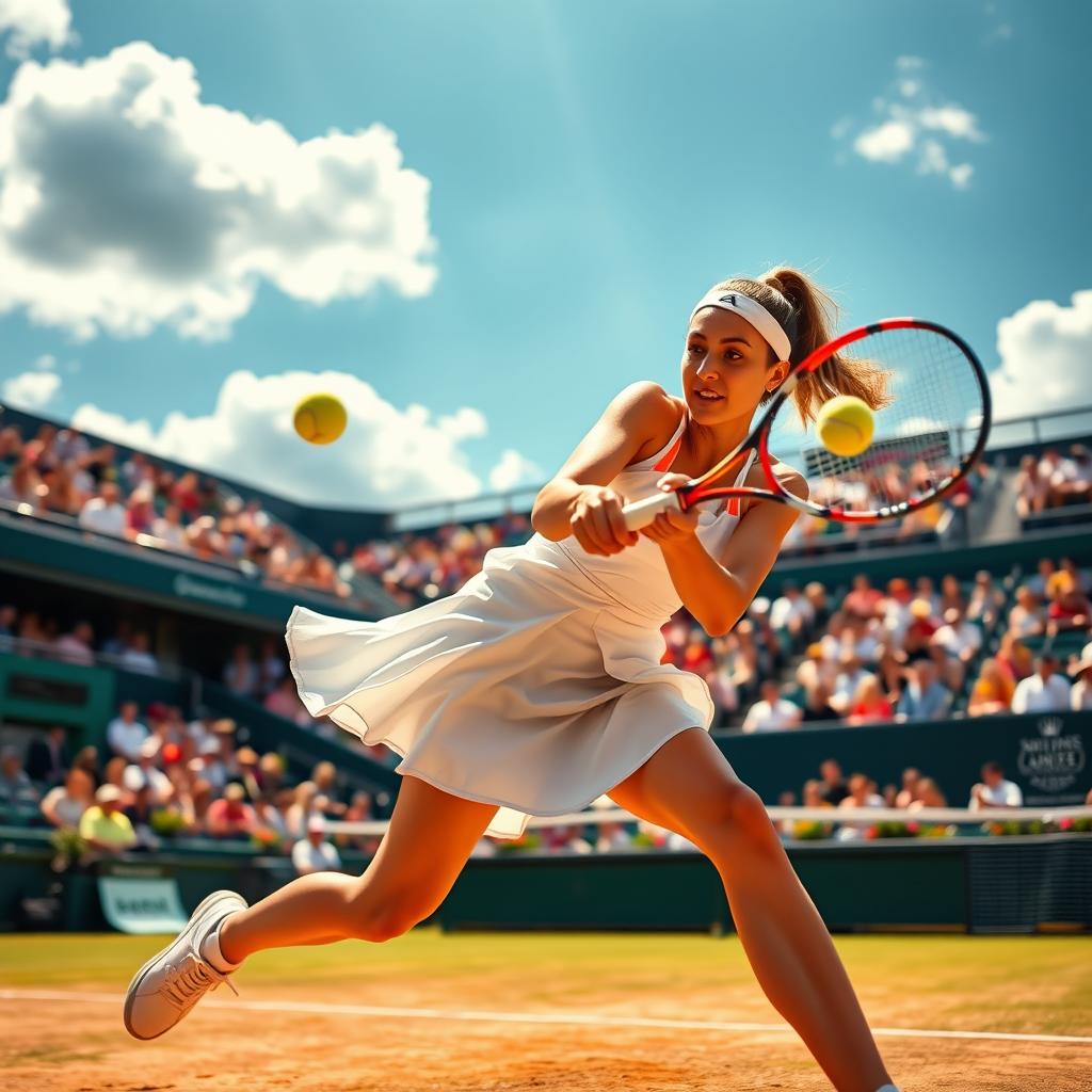 A dynamic tennis scene featuring a professional female tennis player in action, wearing a stylish tennis outfit of a white dress with bright accents