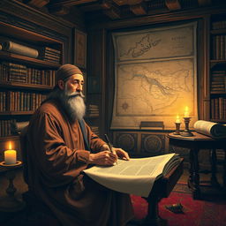 A historical scene depicting Avicenna (Ibn Sina) in an ancient study, engrossed in writing his famous medical book 'The Canon of Medicine'