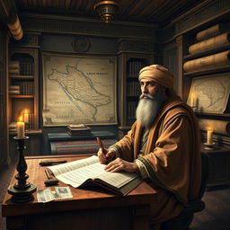 A historical scene depicting Avicenna (Ibn Sina) in an ancient study, engrossed in writing his famous medical book 'The Canon of Medicine'