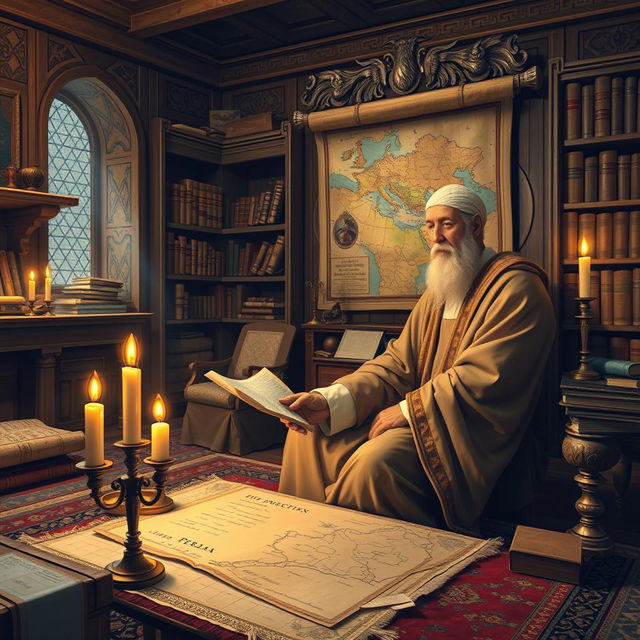 A historical scene depicting Avicenna (Ibn Sina) in an ancient study, engrossed in writing his famous medical book 'The Canon of Medicine'