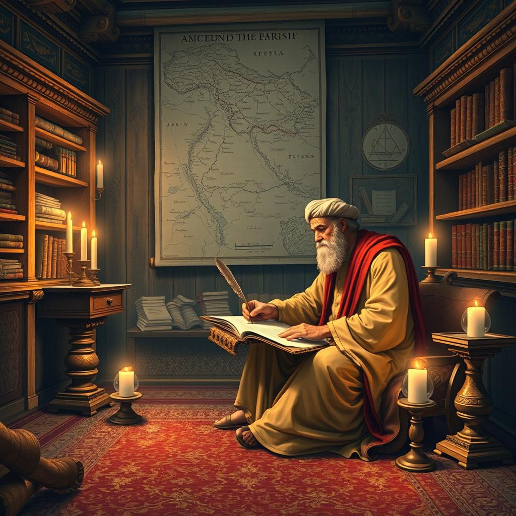 A historical scene depicting Avicenna (Ibn Sina) in an ancient study, engrossed in writing his famous medical book 'The Canon of Medicine'