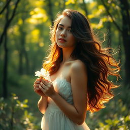 A beautiful young woman standing in an ethereal forest surrounded by soft, glowing light, her hair cascading in waves