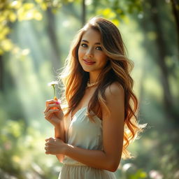 A beautiful young woman standing in an ethereal forest surrounded by soft, glowing light, her hair cascading in waves