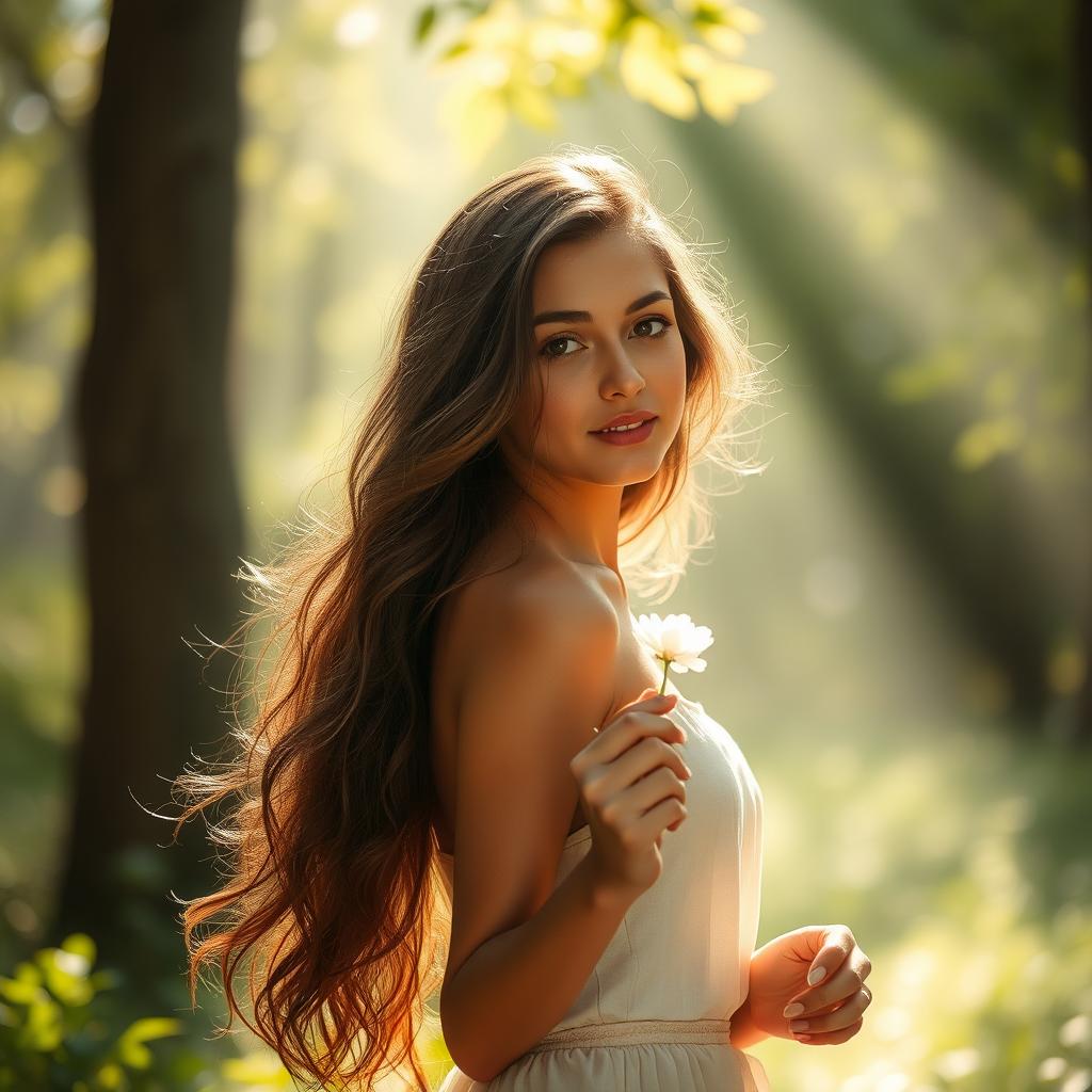 A beautiful young woman standing in an ethereal forest surrounded by soft, glowing light, her hair cascading in waves