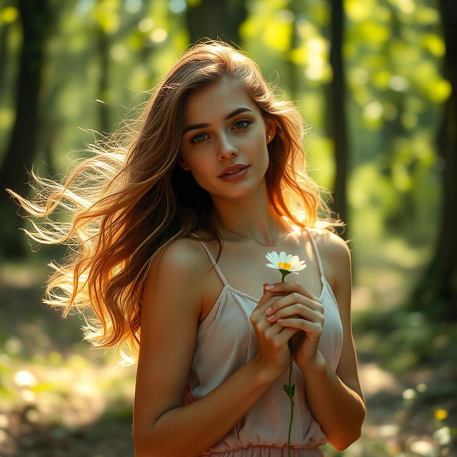 A beautiful young woman standing in an ethereal forest surrounded by soft, glowing light, her hair cascading in waves