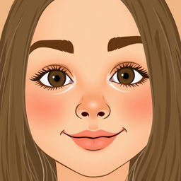 A portrait of an average-sized face featuring a wheat-colored skin tone, a small forehead, and long hair