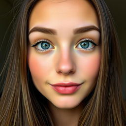 A portrait of an average-sized face featuring a wheat-colored skin tone, a small forehead, and long hair