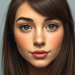 A portrait of an average-sized face featuring a wheat-colored skin tone, a small forehead, and long hair