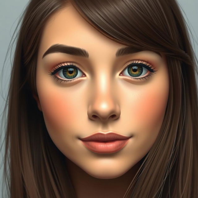 A portrait of an average-sized face featuring a wheat-colored skin tone, a small forehead, and long hair