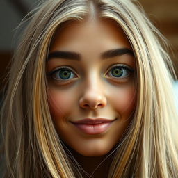 A portrait of an average-sized face featuring a wheat-colored skin tone, a small forehead, and long hair