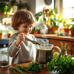 A young child preparing herbal tea in a cozy kitchen, surrounded by various herbs and plants