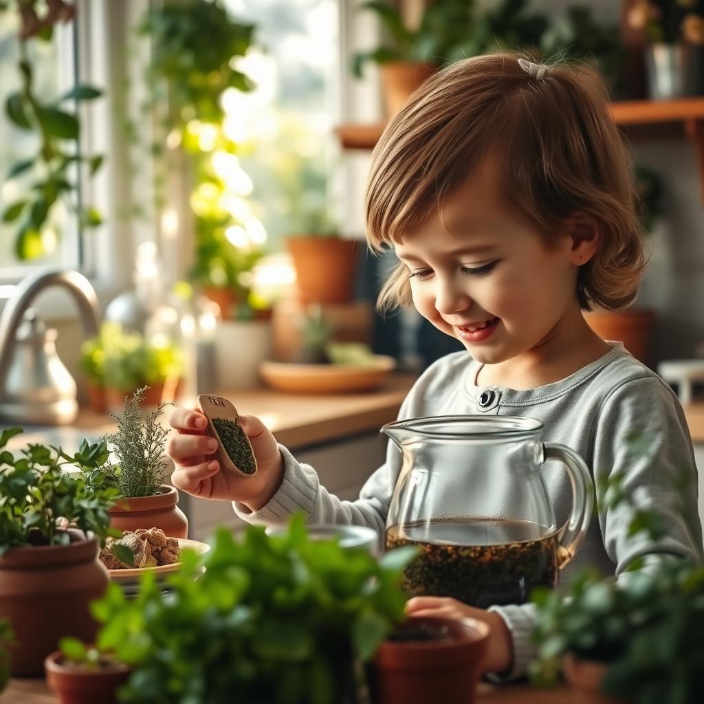 A young child preparing herbal tea in a cozy kitchen, surrounded by various herbs and plants