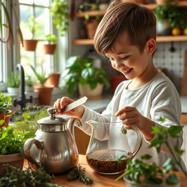 A young child preparing herbal tea in a cozy kitchen, surrounded by various herbs and plants