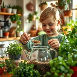 A young child preparing herbal tea in a cozy kitchen, surrounded by various herbs and plants