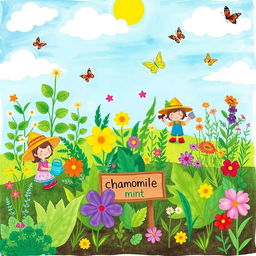 A whimsical, child-like drawing depicting a vibrant herbal garden with a variety of colorful plants and herbs