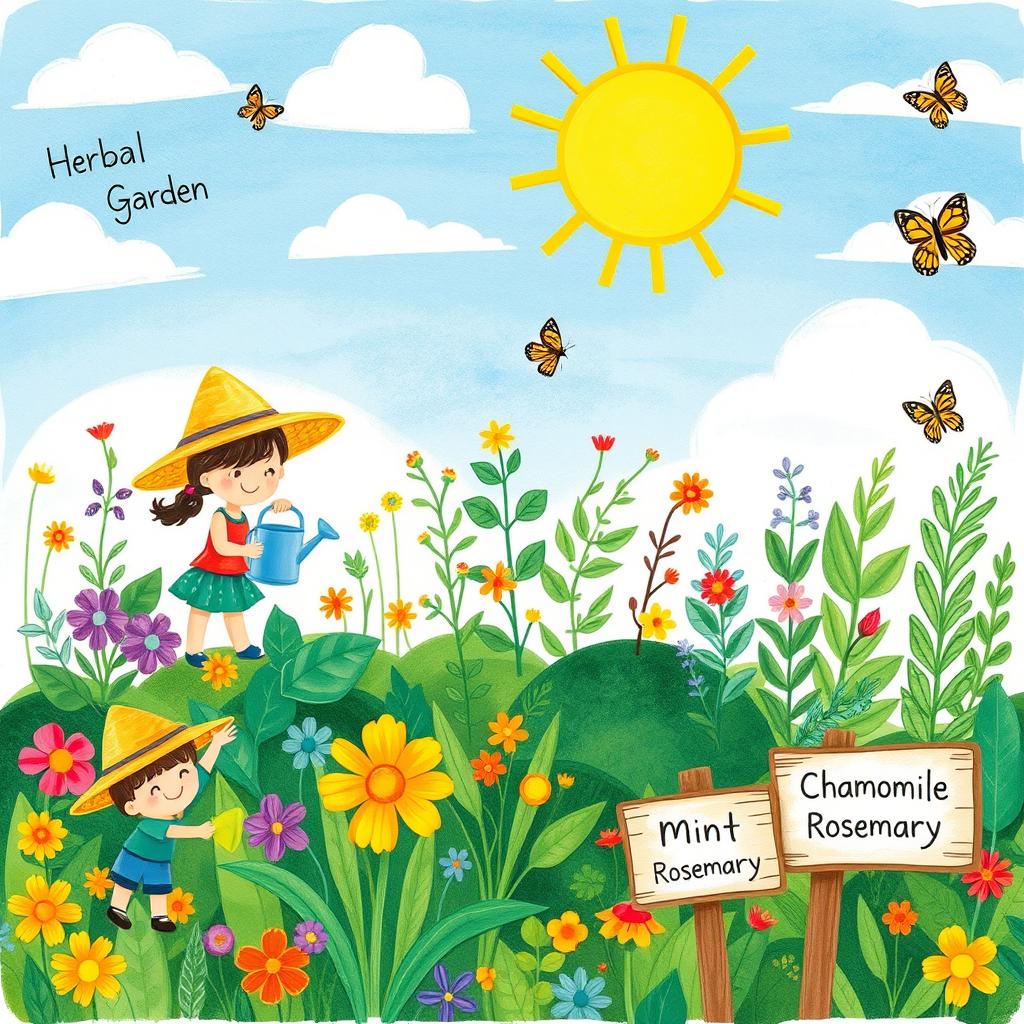 A whimsical, child-like drawing depicting a vibrant herbal garden with a variety of colorful plants and herbs
