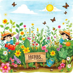 A whimsical, child-like drawing depicting a vibrant herbal garden with a variety of colorful plants and herbs