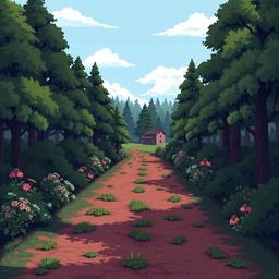 A pixel art depiction of a serene forest scene, featuring trees, flowers, and bushes lining both sides