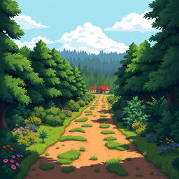 A pixel art depiction of a serene forest scene, featuring trees, flowers, and bushes lining both sides
