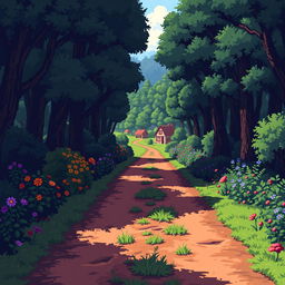 A pixel art depiction of a serene forest scene, featuring trees, flowers, and bushes lining both sides