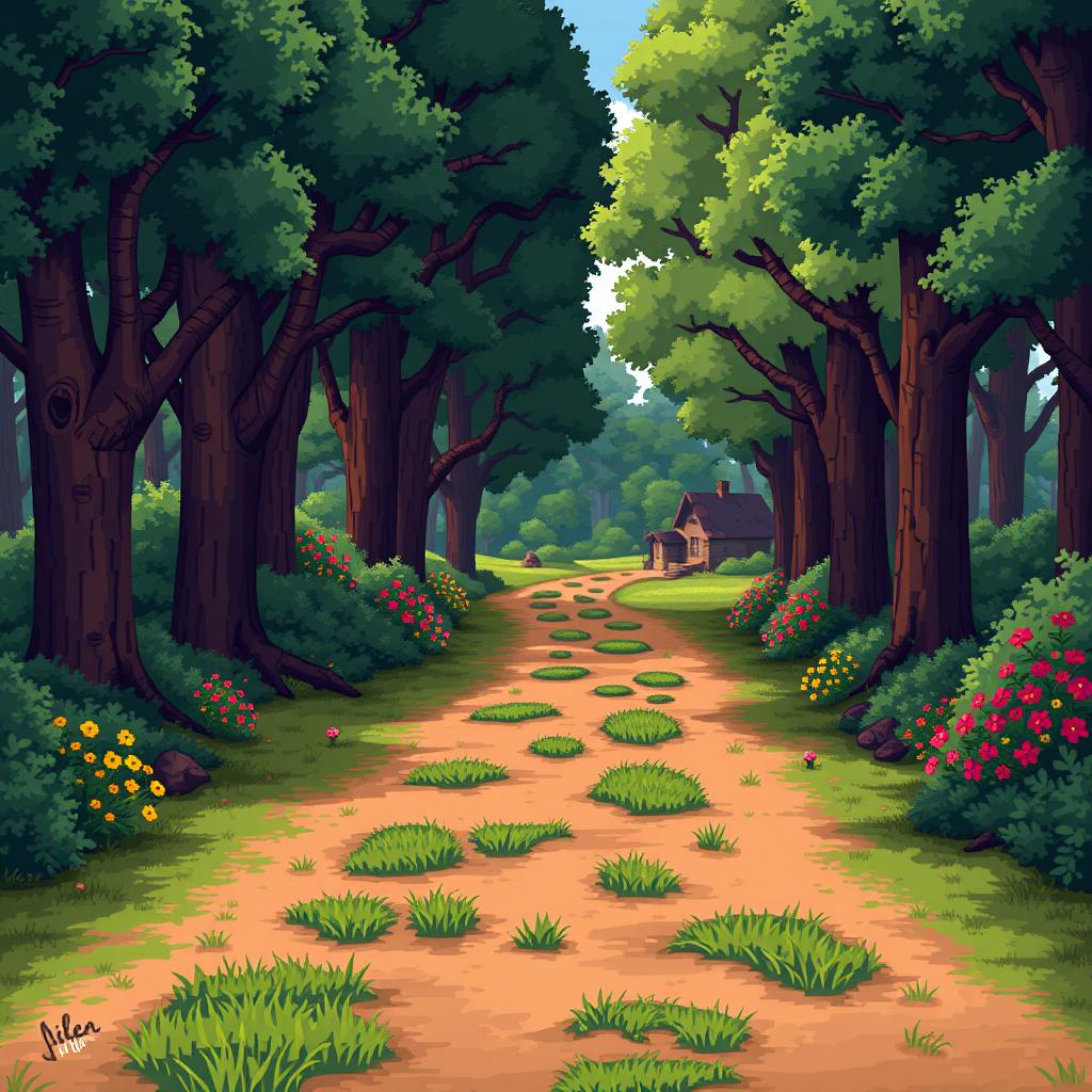 A pixel art depiction of a serene forest scene, featuring trees, flowers, and bushes lining both sides