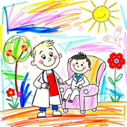 A whimsical and colorful children's drawing depicting a playful scene of a doctor and a patient