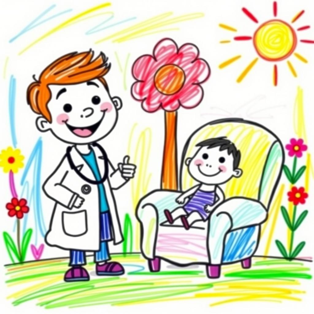A whimsical and colorful children's drawing depicting a playful scene of a doctor and a patient