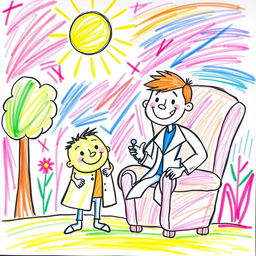 A whimsical and colorful children's drawing depicting a playful scene of a doctor and a patient