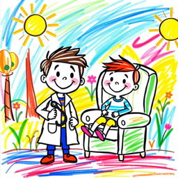 A whimsical and colorful children's drawing depicting a playful scene of a doctor and a patient