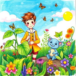 A colorful, whimsical drawing depicting a young herbalist in a fantasy setting, tending to a vibrant garden filled with magical plants and herbs