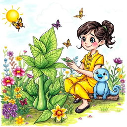 A colorful, whimsical drawing depicting a young herbalist in a fantasy setting, tending to a vibrant garden filled with magical plants and herbs